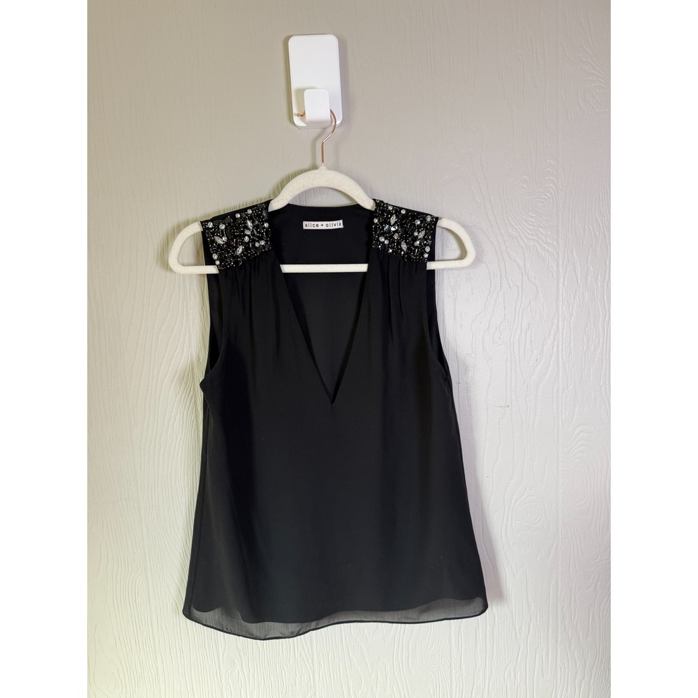 Alice & Olivia  • Black V‎ Neck Sleeveless Embellished Shoulder Blouse Top - Picture 5 of 8